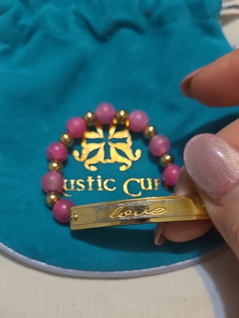 Rustic Cuff Pink Beaded Bracelet with Gold 'Love' Bar